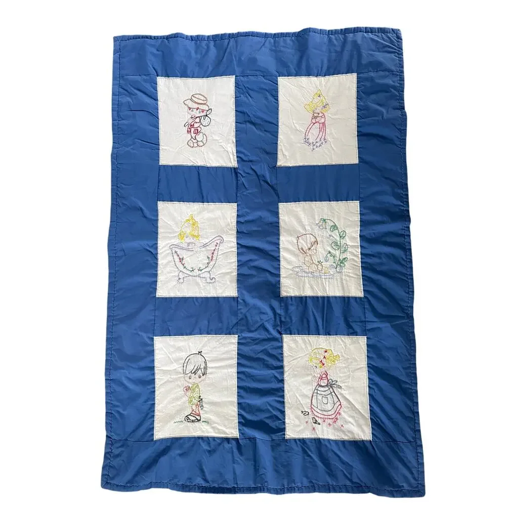 Vintage Hand Embroidered Child’s Quilt – Blue & White Precious Moments Style